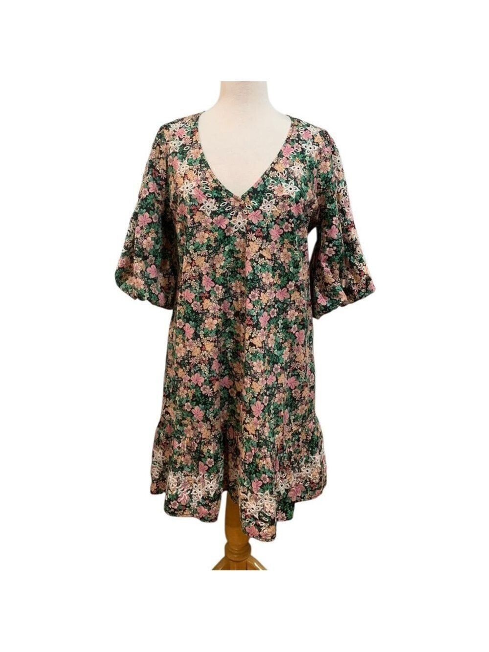 Johnny Was floral spring midi dress w/puffy sleeves size M